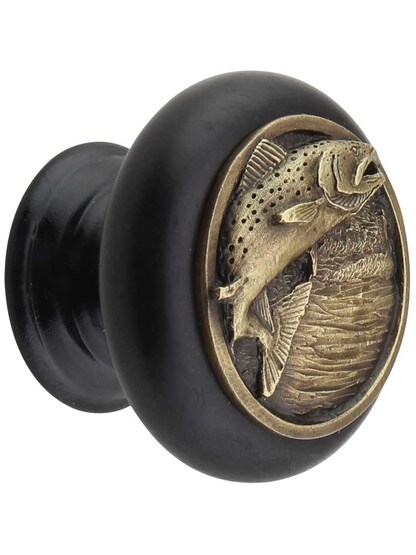 Leaping Trout Wood Knob in Dk Walnut/Ant Brass.